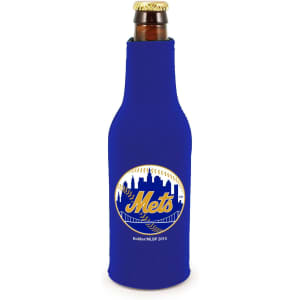 A drink bottle cooler in blue with a logo, designed to fit standard-sized bottles.