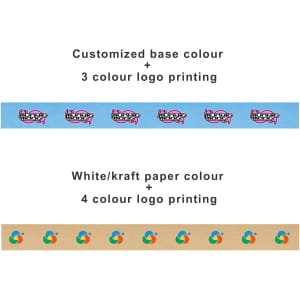 Two rolls of self-adhesive kraft paper tape in blue and kraft paper colour, featuring logos in multiple colours.