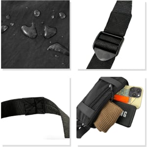 A black travel fanny pack featuring a clip buckle, waterproof material, and various pockets with visible items inside.