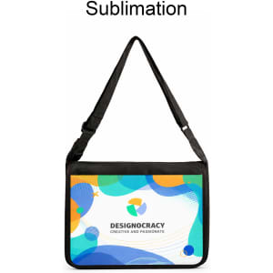 A full colour messenger bag featuring a vibrant design and a black adjustable strap. It has a logo on the front.