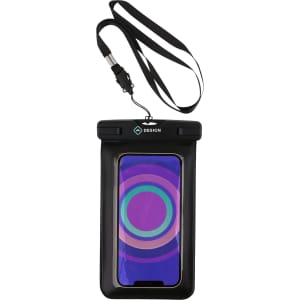 A waterproof phone bag in black with a clear front and strap, designed for universal compatibility.
