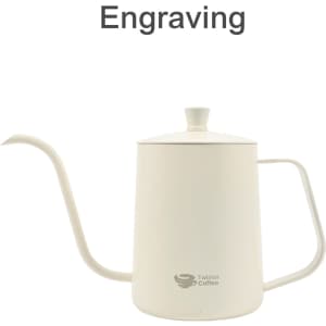 A stainless steel pour over kettle in white with a long spout and a lid, featuring a logo on its side.