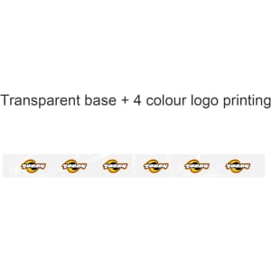 A roll of transparent packaging tape featuring a multi-coloured printed logo along its length.