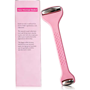 A pink ice massager roller with double heads, featuring a textured handle and a box in the background.