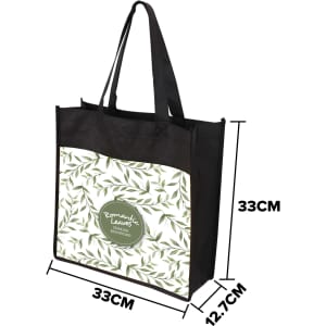 A black non-woven tote bag featuring a leaf pattern. Dimensions are 33cm x 33cm x 12.7cm. Includes a logo.