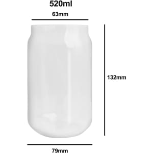 A can-shaped glass cup with a clear design, measuring 520ml, 132mm tall and 79mm wide, featuring a logo.