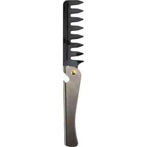 A folding comb in black and silver, featuring a sleek design with a branded logo.