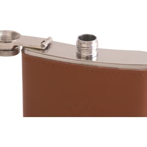 A drink bottle featuring a stainless steel top and a brown leather body. Includes a logo on the surface.
