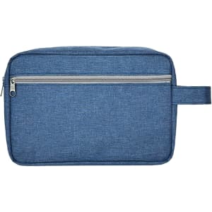 A blue toiletry bag with a handle and a zippered front pocket, featuring a simple design and a branding logo.