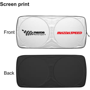 A foldable car shade featuring a white front with a logo and a black back. Ideal for protecting vehicles from sunlight.