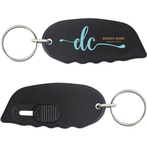 A black mini cutter keyring featuring a simple design and a metal keyring attachment.