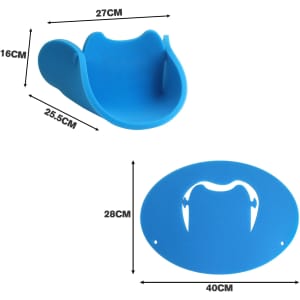 A blue sponge cow boy party hat with measurements of 27cm and 16cm, featuring a logo.