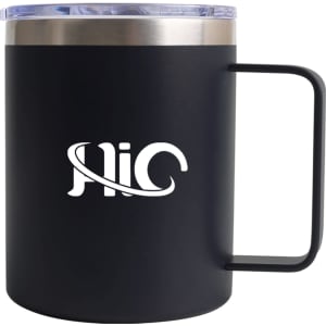 A coloured stainless steel mug in matte black with a silver lid and a handle, featuring a logo.