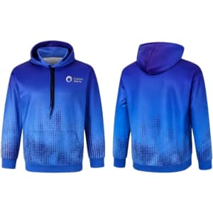 A blue polyester spandex hoodie featuring a gradient design and a pocket, with a logo on the front.