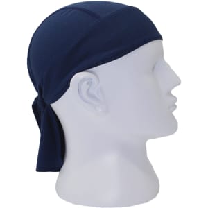A navy cycling bandana hat displayed on a mannequin head, featuring a tie at the back and a logo.