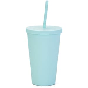 A mint green 16oz matte plastic cup with a lid and straw, featuring a simple design and a logo.
