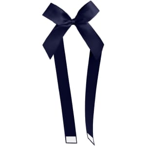 A navy blue adhesive ribbon bow with two long trailing ribbons. It features a logo on the design.