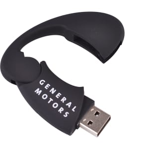 An oval-shaped black flash drive with a USB connector and a logo.