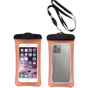 A waterproof case in orange and black, designed to hold a cellphone, featuring a lanyard for carrying.
