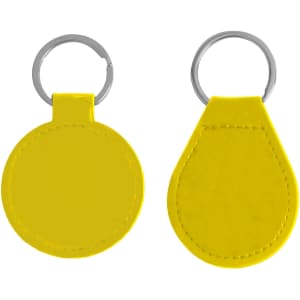 A yellow PU leather keyring with a circular and teardrop shape, featuring a silver metal ring and branding.