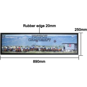 A long, rectangular counter mat with a rubber edge, featuring a colourful design of riders on horseback.
