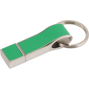 A green flash drive with a keyring attachment, featuring a sleek metallic design.