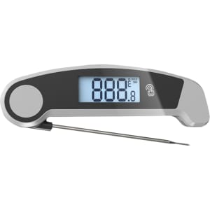 A digital instant read meat thermometer in silver and black with a large display and a metal probe.