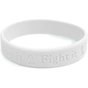 A white debossed wristband featuring a logo and embossed text on its surface.