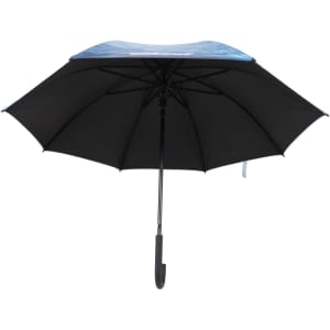 A classic eight-panel digital print umbrella in blue and black, featuring a curved handle and sturdy frame.