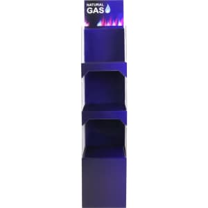 A three-tier cardboard display in navy blue with a logo at the top, designed for promotional use.