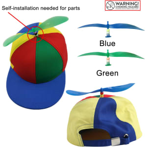 A colourful propeller baseball cap featuring a blue brim, red, yellow, and green panels, with a propeller on top.