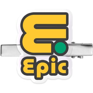 A custom shape acrylic hair clip in metallic silver, featuring a vibrant, multicoloured logo design.