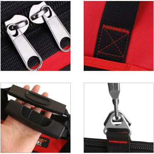 Close-up details of a red wheeled tool bag, featuring zippers, handles, and metal clips. The bag has a sturdy black strap.