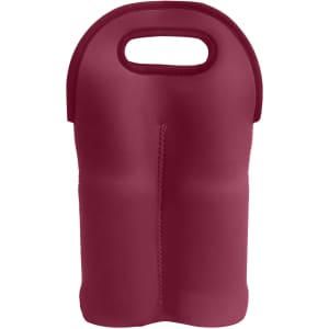 A drink bottle carrier in burgundy neoprene, designed to hold two bottles, featuring a handle and a sleek design.