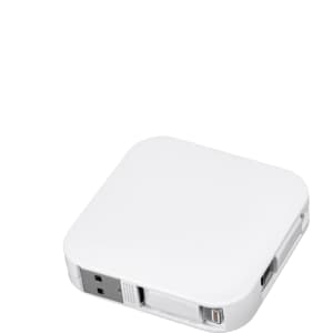 A white, square retractable charging cable with multiple connectors and a built-in stand. It features a logo.