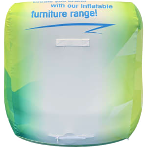 An inflatable lounge chair in vibrant green and blue shades, featuring a logo on the top.