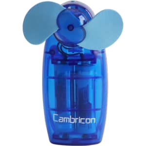 A transparent blue handy fan with blue blades and a visible internal battery compartment, featuring a logo.