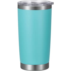 A drink bottle in a vibrant teal colour with a stainless steel bottom and a clear lid, featuring a logo.