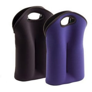A drink bottle cooler set with a black and a purple design, featuring handles and a sleek, modern shape.