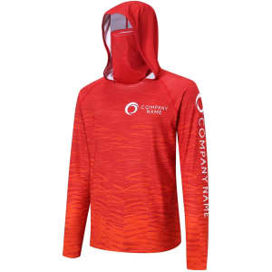 A red hoodie made of polyester and spandex, featuring a hood and face cover, with a logo on the sleeve.