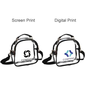 A clear PVC crossbody bag with black trim, featuring two variations of branding on the front.