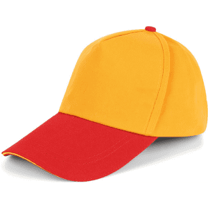 A yellow cap with a red peak, featuring a curved brim and a rounded crown. Designed for novelty wear, has a logo.
