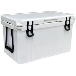 A white 45L cooler box with black clips and a handle. It features a durable design and a lid for easy access.