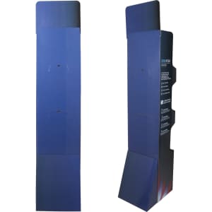 A tall, blue, three-tier cardboard floor display with a sleek design and a branding logo on one side.