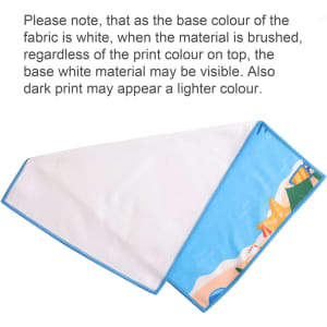 A microfibre beach towel in blue and white, featuring a colourful design, with a logo visible on one side.