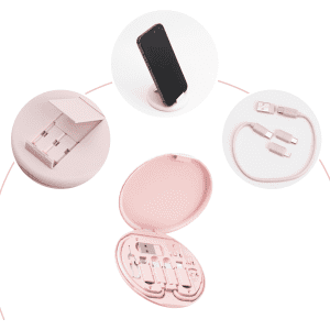A pink circular case containing various cables and accessories, with a phone stand and a phone on display.