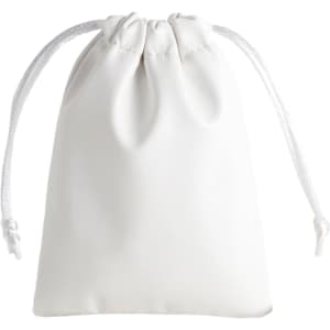 A white PU leather drawstring gift bag with a tied closure. It features a branding logo on the surface.