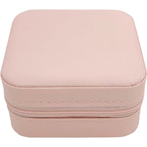 A pink PU leather jewellery box with a textured surface and a zipper closure. It has a simple, compact design.