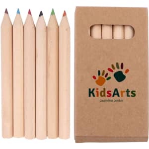 A set of six unsharpened coloured pencils in a cardboard box with a logo. The pencils include red, green, blue, and brown.