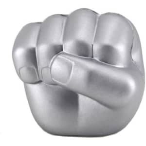 A silver clenched fist-shaped stress reliever with a smooth finish, designed for fun and stress relief.